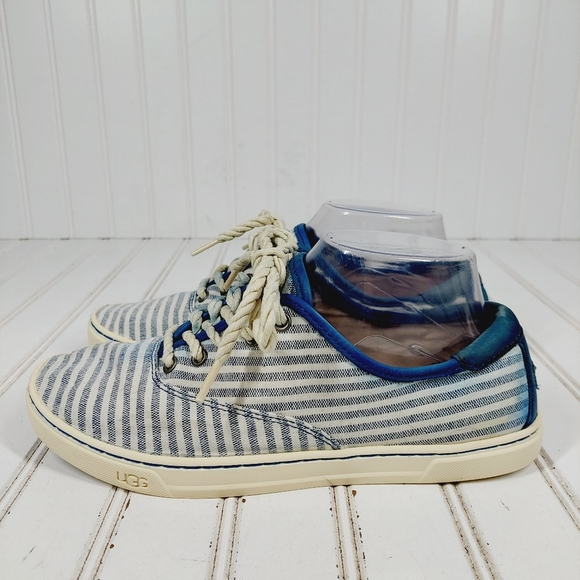 UGG Canvas Blue & White Striped Low Top Lace UP Sneakers F1013 - Picture 1 of 12
